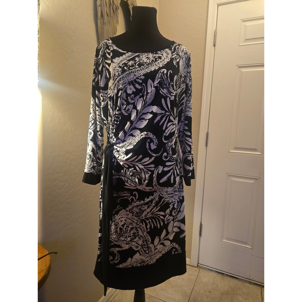Tiana B Womens Black White Paisley Faux Wrap Side Tie Sheath Dress Size L